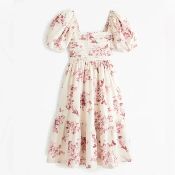 Abercrombie & Fitch Emerson Poplin Puff Sleeve Midi Dress Pink Floral - Picture 1 of 9